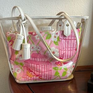 Spartina 449 Pink Floral Birdcage Clear Tote with White Trim